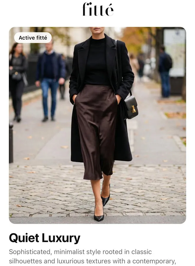 The fitté Home screen showing the active fitté, Quiet Luxury