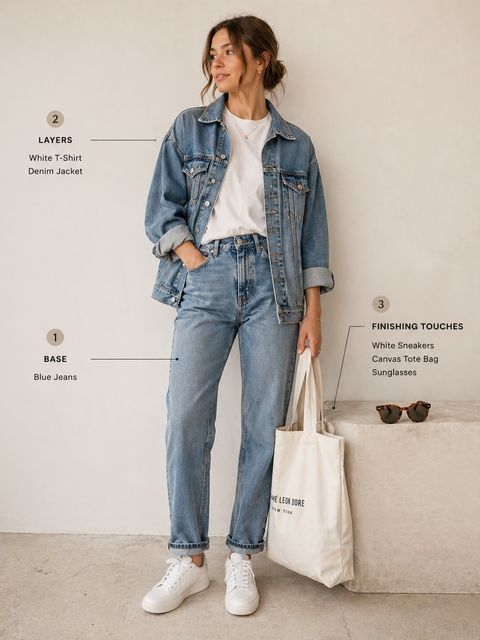 Casual weekend outfit: straight-leg jeans, white tee, denim jacket, white sneakers