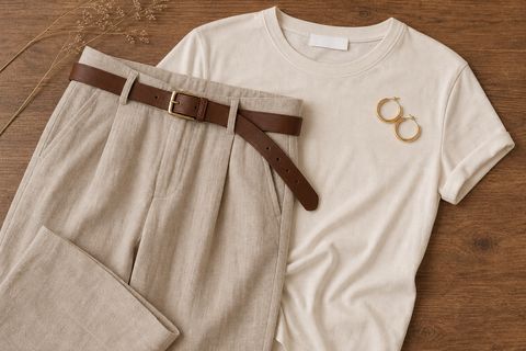 A A monochrome beige outfit laid flat on a warm wood surface — linen trousers, a cream tee, a leather belt, and gold hoop earrings.